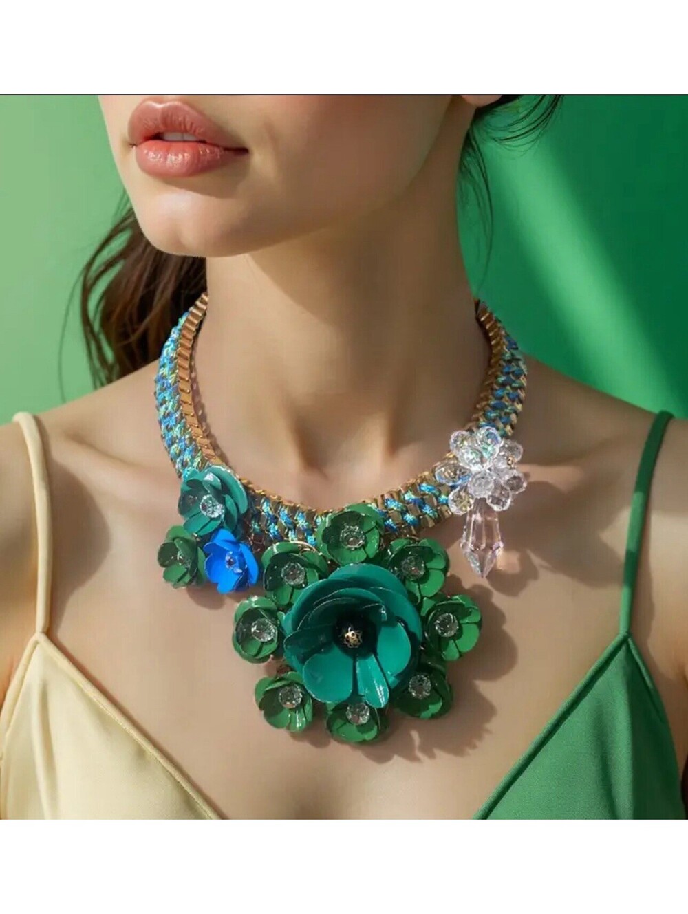 Modern Vintage Colorful Enamel Metal   Flower Beaded Statement Necklace 15-17”